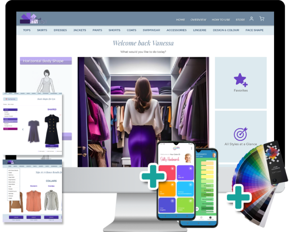 Comprehensive virtual styling platform with personalised wardrobe tools and colour analysis. A digital display showcasing a virtual wardrobe consultation platform with features for body shape analysis, style suggestions, and colour palettes. Includes desktop, mobile app, and colour swatch visuals.