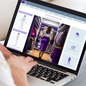Virtual wardrobe styling tool for personalised fashion. A person using a laptop showing a virtual wardrobe consultation website with clothing and style options displayed.