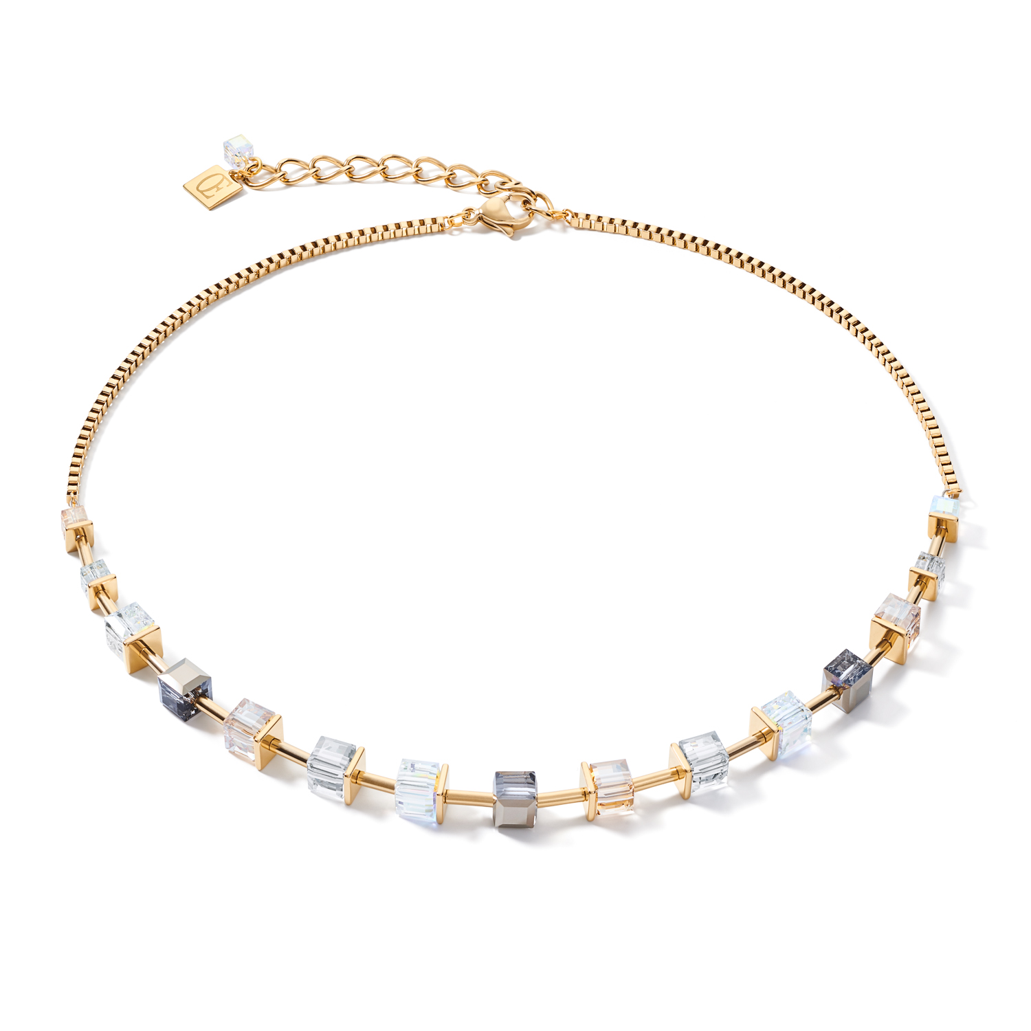 Geocube aurora borealis, grey and gold necklace