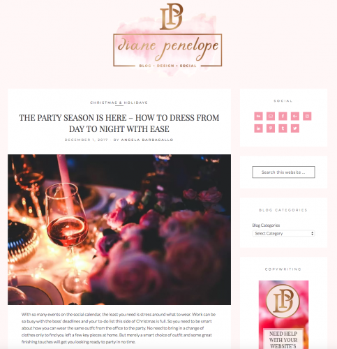 Diane Penelope Media Blog – Party Season Fashion Tips by Angela Barbagallo A screenshot of a blog post from Diane Penelope Media, featuring an article by Angela Barbagallo titled