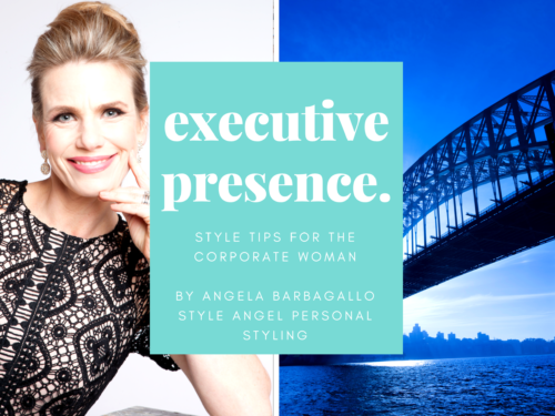 Executive Presence – Corporate Style Tips by Angela Barbagallo A promotional graphic for Executive Presence: Style Tips for the Corporate Woman by Angela Barbagallo. The image features Angela in a stylish black lace dress, smiling confidently, alongside a scenic view of a bridge against a blue sky. The text overlay highlights the focus on professional styling for corporate women.