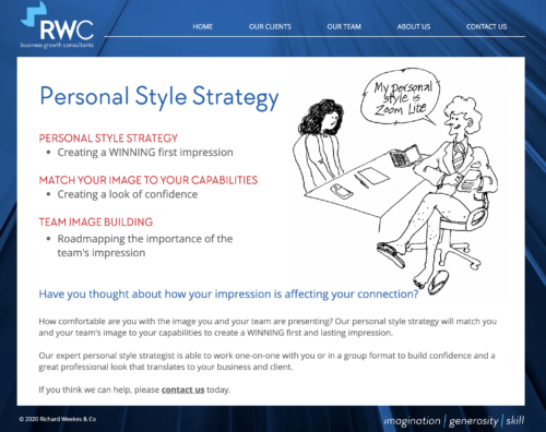RWC Personal Style Strategy – Creating a Winning First Impression A webpage section from RWC Business Growth Consultants titled Personal Style Strategy. The content explains the importance of professional image, confidence-building, and team image alignment. A hand-drawn illustration depicts a person working at a desk.