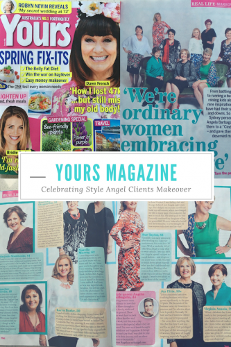Yours Magazine – Celebrating Style Angel Clients' Makeovers TA collage of magazine pages from Yours Magazine featuring a spread on Style Angel clients' makeovers. The cover highlights beauty, health, and lifestyle topics, while the inner pages showcase real women embracing style with before-and-after transformations.