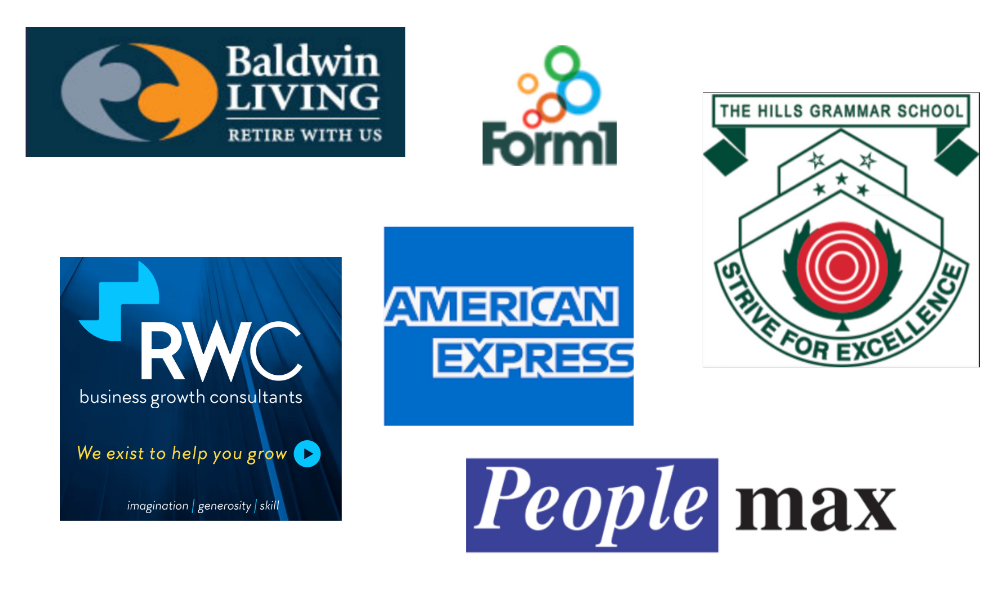 Companies Angela Barbagallo Has Worked With – Additional Client Logo Showcase A collection of logos from various companies and organizations that Angela Barbagallo has worked with. The logos include Baldwin Living, Form1, The Hills Grammar School, RWC Business Growth Consultants, American Express, and People Max.