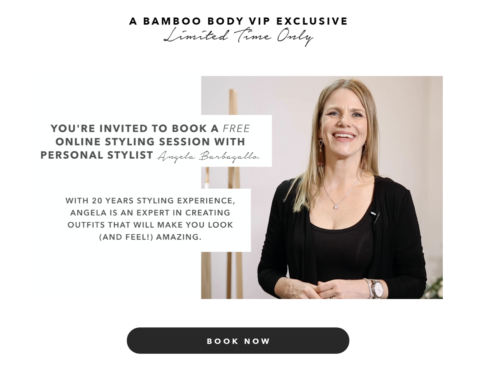 Bamboo Body VIP Exclusive – Free Online Styling Session with Angela Barbagallo A promotional graphic for a Bamboo Body VIP Exclusive online styling session featuring personal stylist Angela Barbagallo. The image includes a smiling Angela in a black outfit, text highlighting her 20 years of styling experience, and a call-to-action button that says