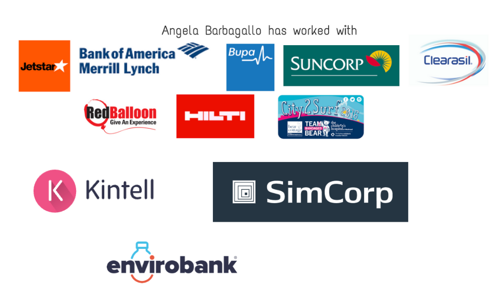 Companies Angela Barbagallo Has Worked With – Client Logo Showcase A collection of logos from various companies and organizations that Angela Barbagallo has worked with. The logos include Jetstar, Bank of America Merrill Lynch, Bupa, Suncorp, Clearasil, RedBalloon, Hilti, City2Surf, Kintell, SimCorp, and Envirobank.