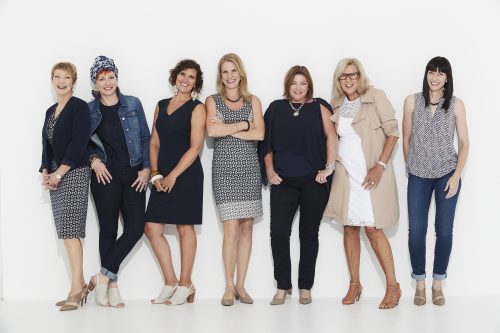 Group Portrait of Stylish Women – Fashion & Confidence Showcase A group of seven stylish women posing together against a white background. They are dressed in a mix of casual and professional outfits, featuring navy, white, and neutral tones. Their confident and friendly expressions reflect individuality and personal style.