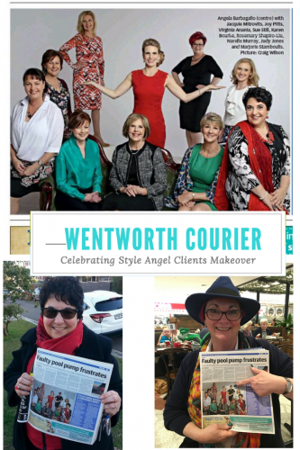 Wentworth Courier – Celebrating Style Angel Clients' Makeovers A collage featuring a Wentworth Courier article celebrating Style Angel clients' makeovers. The top image showcases a group of stylishly dressed women posing together, including Angela Barbagallo. The bottom images feature two women holding up newspapers with the article, smiling outdoors.