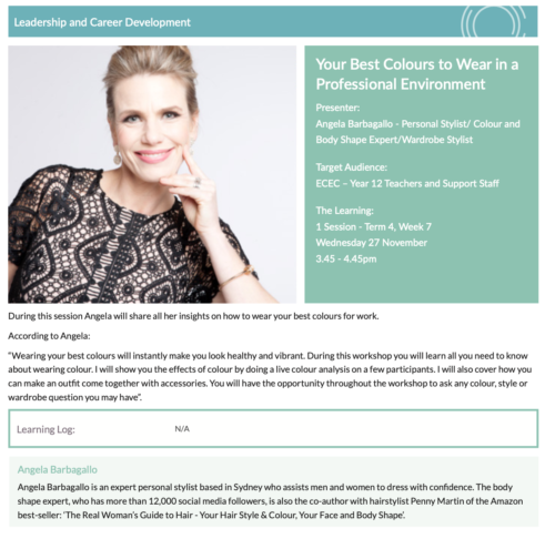 Your Best Colours for Work – Professional Styling Workshop by Angela Barbagallo A promotional flyer for a workshop titled Your Best Colours to Wear in a Professional Environment, presented by Angela Barbagallo. The flyer features a portrait of Angela in a black lace dress, smiling confidently. The text details the session’s target audience, learning objectives, and Angela's expertise as a personal stylist and co-author.
