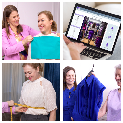 Women participating in colour and style analysis sessions, including fabric draping, body measurements, and online styling tools