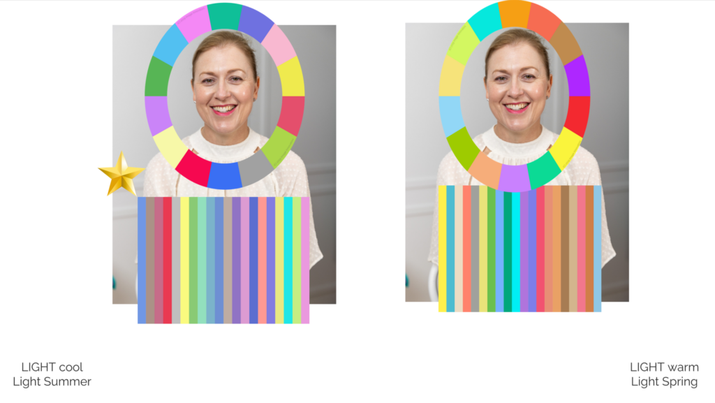 Colour analysis swatches and palettes for personal styling. Side-by-side colour analysis comparison showing a woman under Light Summer (cool) and Light Spring (warm) palettes with the Light Summer marked as the preferred match