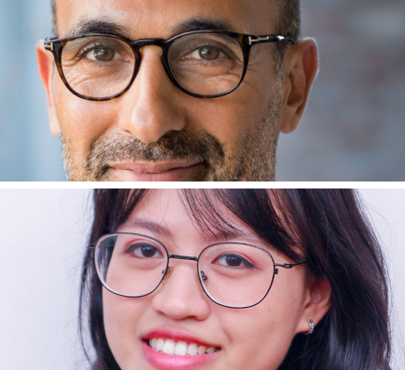 Close-up of a man and a woman wearing stylish glasses during an eyewear consultation