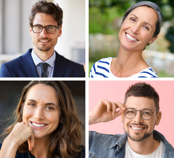 Why Hair Style & Colour Consultation – Elegant Hairstyle Inspiration Two men and two women with different hairstyles and glasses smiling confidently
