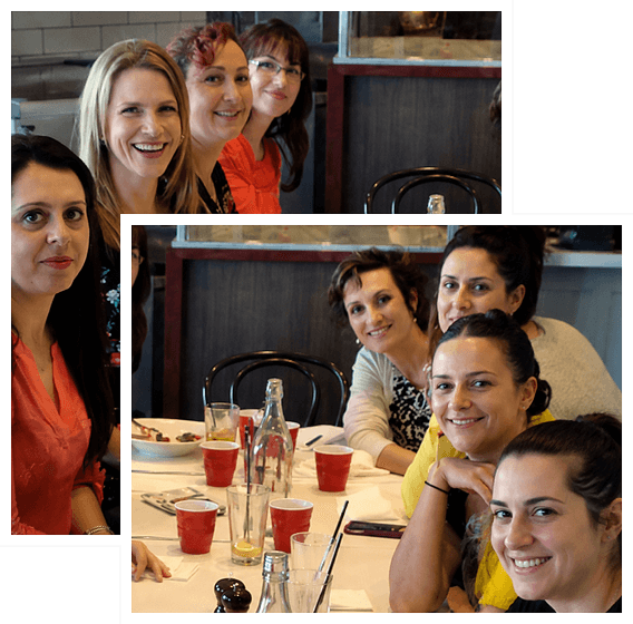 Comprehensive colour and style analysis session, including in-person styling, virtual tools, and hair and wardrobe guidance. Friends enjoy a meal together at a restaurant, sharing food, drinks, and conversation