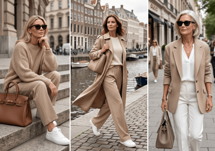 Stylish Outfit Collage Featuring Denim Jacket Versatility Neutral streetwear outfits styled in timeless capsule fashion