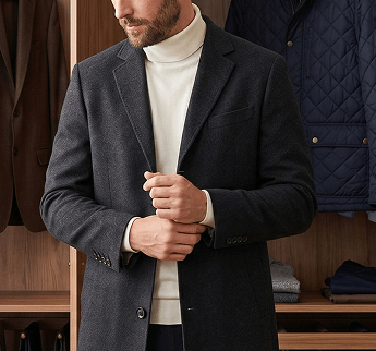 Virtual Styling Consultation with Personal Stylist Man wearing a charcoal overcoat layered over a white turtleneck.