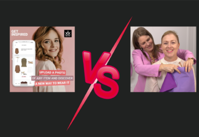 Light and cool neutral styling scene showing a comparison between an AI styling app and a personal stylist working with a client.