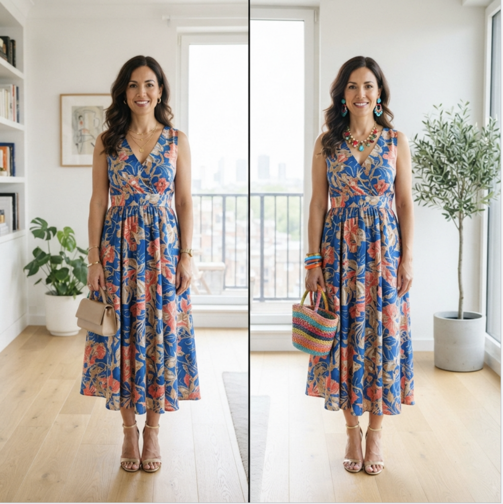 Blue floral dress styled two ways: understated beige or bold multicolored look.