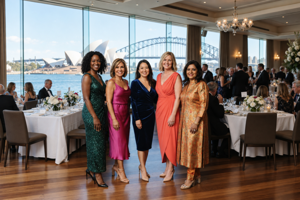 Five women wear elegant outfits, including sequined, satin, velvet and wrap dresses, and a gold and orange embroidered ensemble.