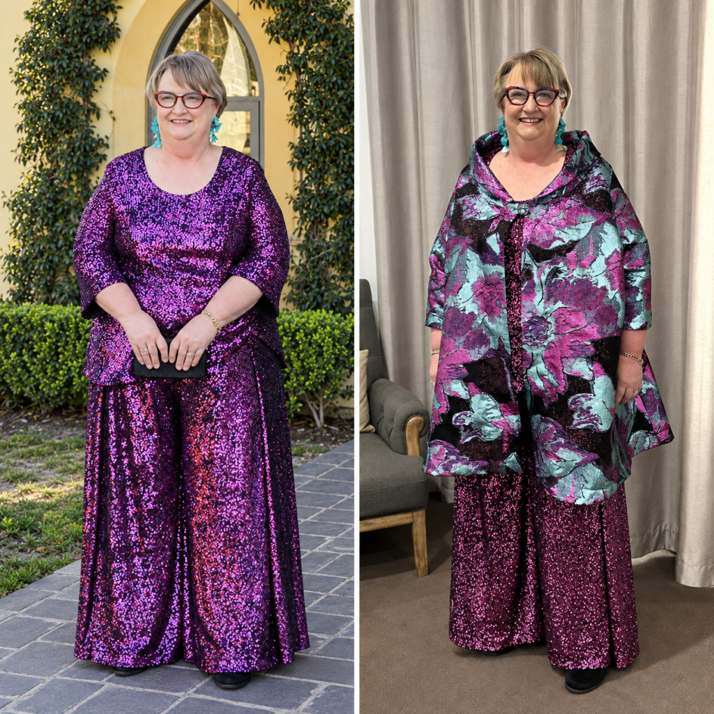 Jan Maree wearing a purple sequin outfit and paired floral coat designed by Daniel Learmont