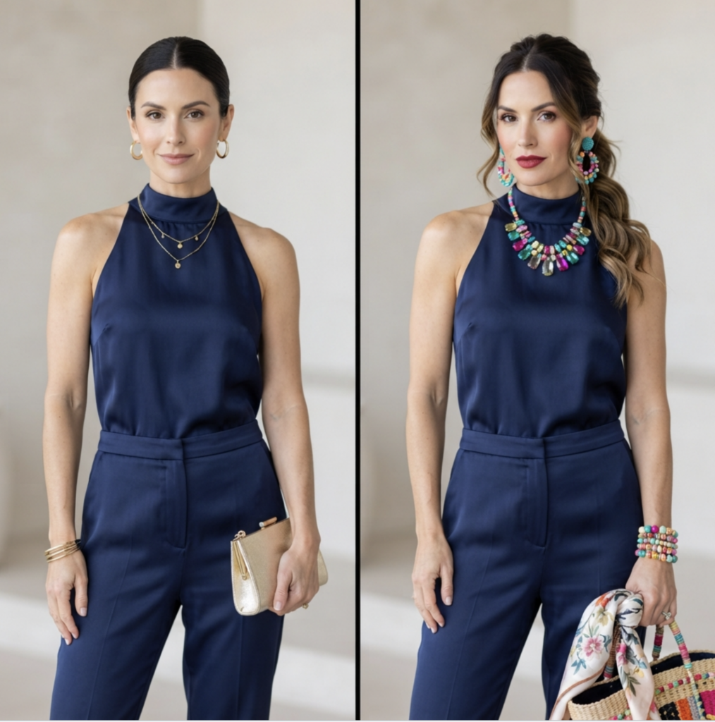 Elegant navy outfit styled two ways: understated gold or bright multicolored jewelry.