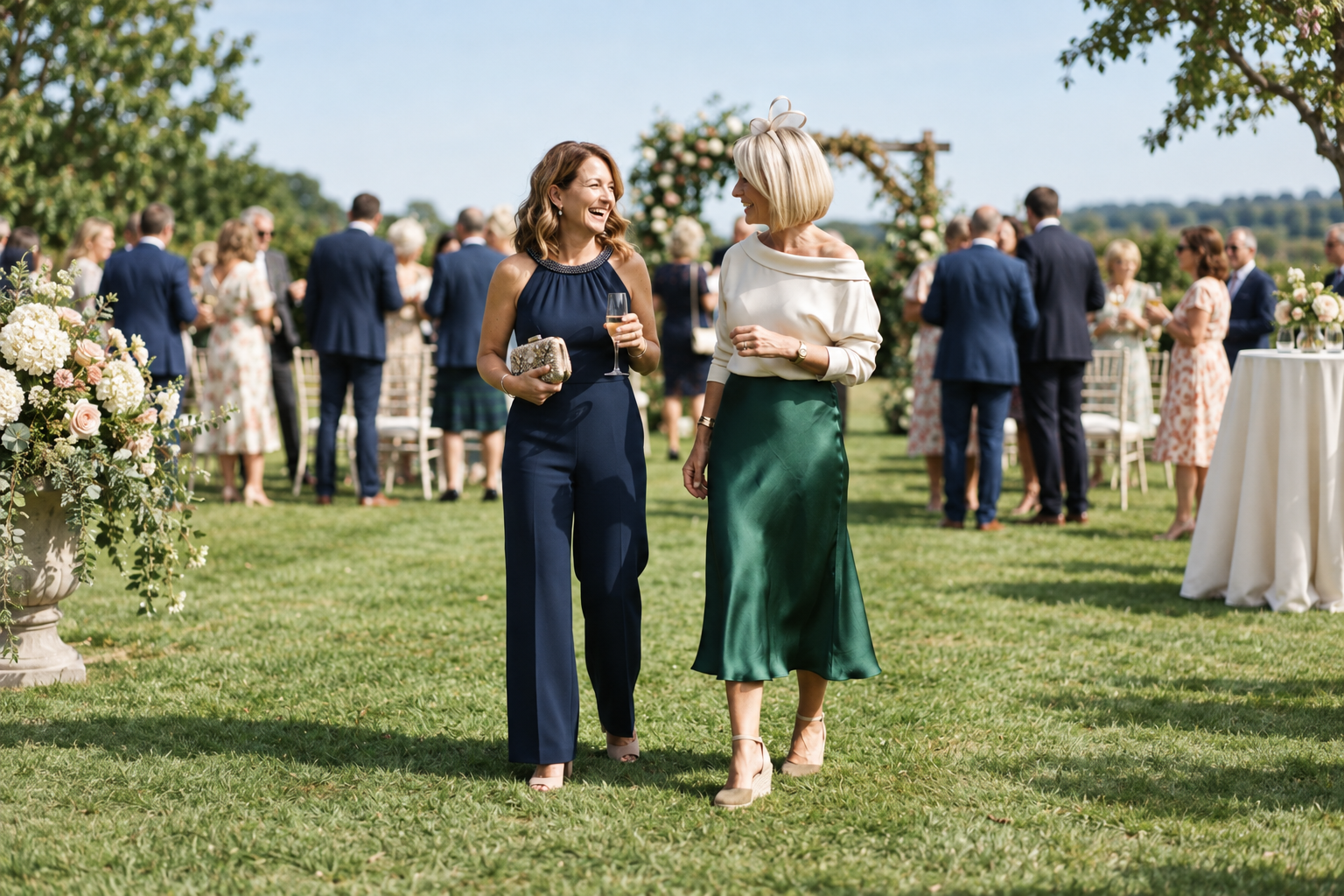Two women wear elegant cocktail attire, including a navy halter jumpsuit and a cream top with a green satin midi skirt.