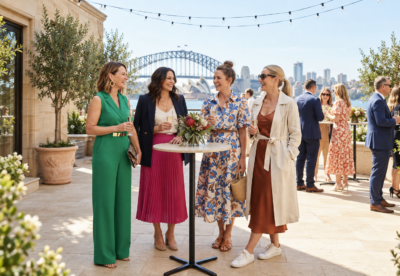 Guests wear colourful daytime cocktail attire at a terrace party overlooking the Harbour Bridge.
