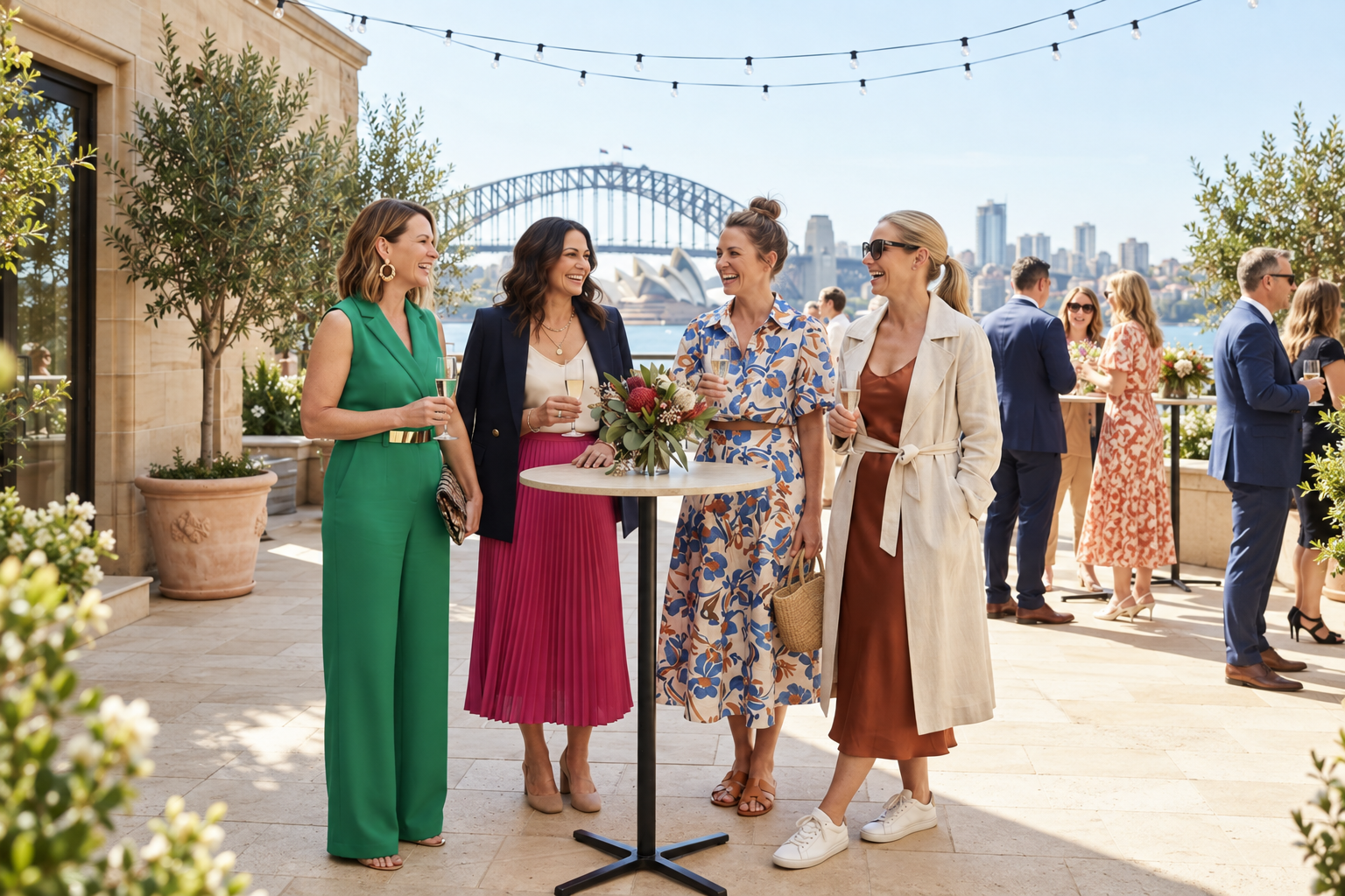 Guests wear colourful daytime cocktail attire at a terrace party overlooking the Harbour Bridge.